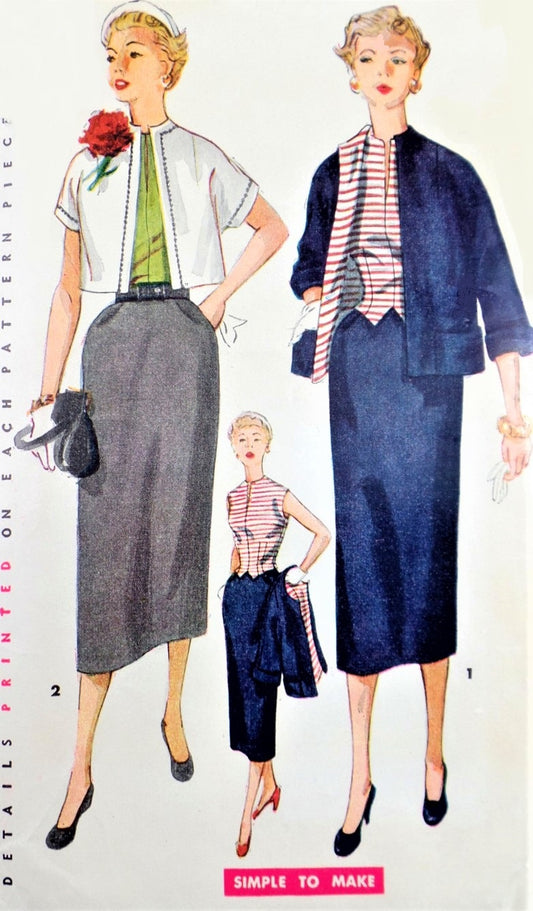 1950s CLASSY Suit and Weskit Blouse Pattern SIMPLICITY 4562  Slim Skirt, Overblouse  Boxy Jacket Simple To Make Bust 32 Vintage Sewing Pattern