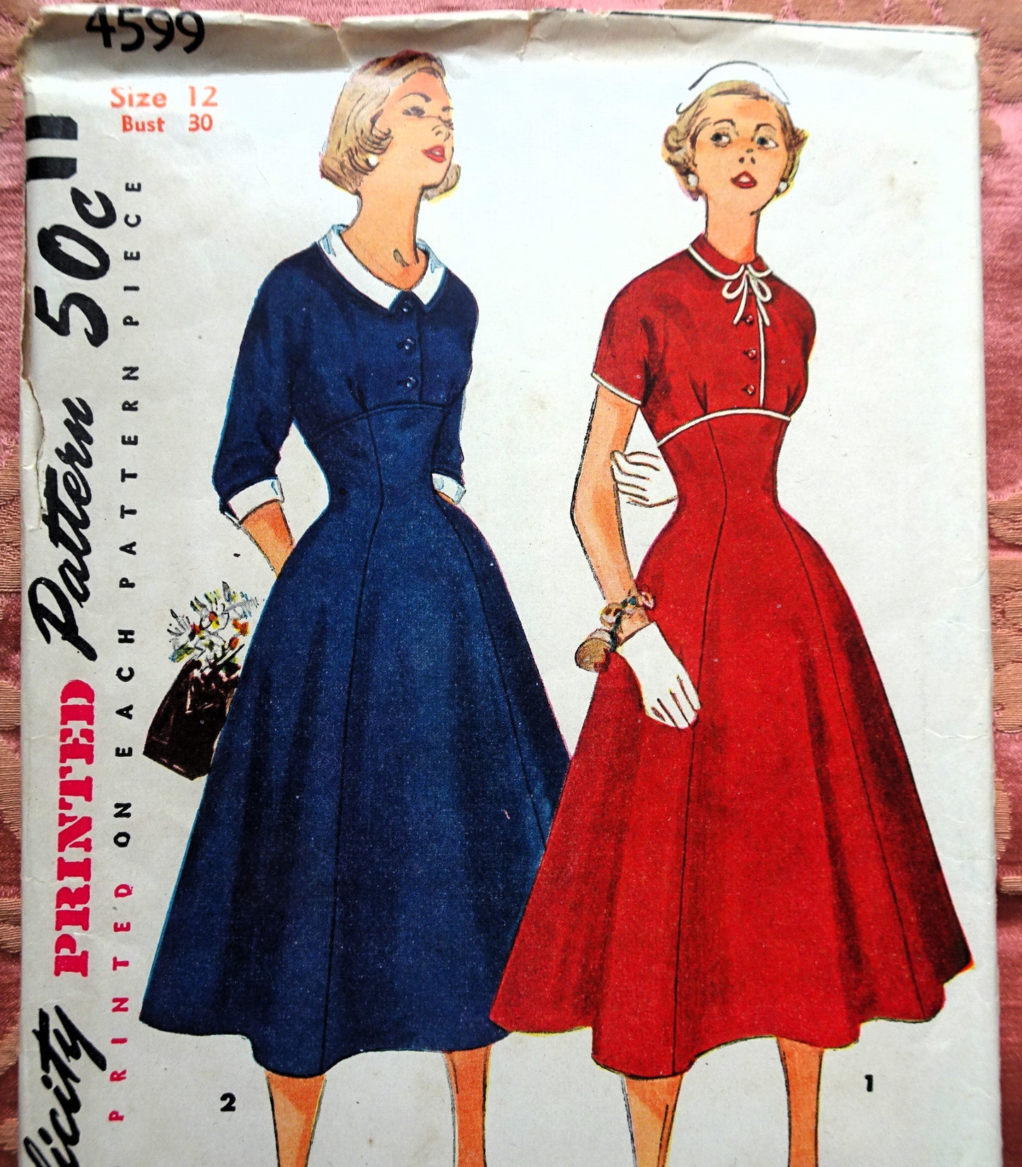 1950s LOVELY Empire Waist Flared Dress Pattern SIMPLICITY 4599 Detachable Collar and Cuffs Bust 30 Vintage Sewing Pattern FACTORY FOLDED