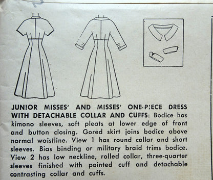 1950s LOVELY Empire Waist Flared Dress Pattern SIMPLICITY 4599 Detachable Collar and Cuffs Bust 30 Vintage Sewing Pattern FACTORY FOLDED