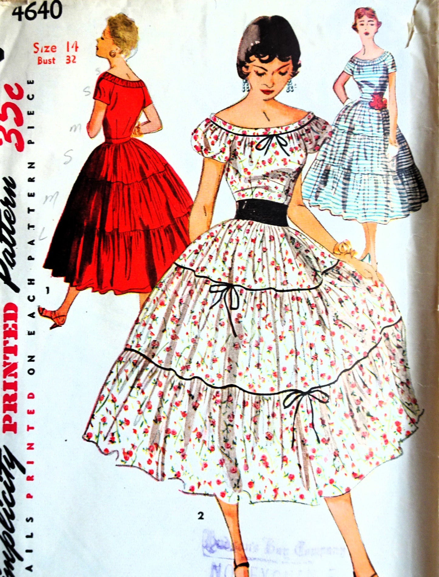 1950s ROMANTIC Dress Pattern SIMPLICITY 4640 Beautiful Styles Day or Party Bust 32 Vintage Sewing Pattern