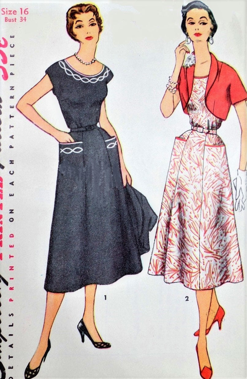 1950s LOVELY Dress and Bolero Jacket Pattern SIMPLICITY 4651 Figure Flattering Design Bust 34 Includes Transfer Vintage Sewing Pattern