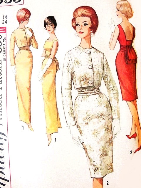 1960s Elegant MAD MEN Evening Cocktail Wiggle Dress Gown SIMPLICITY Pattern 4653 Low Back Obi-Sash Short Jacket Oriental Style Bust 34 Vintage Sewing Pattern FACTORY FOLDED