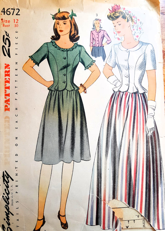 1940s FABULOUS Evening  or Day Dress  Pattern SIMPLICITY 4672 Beautiful Fitted Jacket Top in 3 Versions, Softly Gathered Skirt in Day or Evening Length, Bust 30 Vintage Sewing Pattern