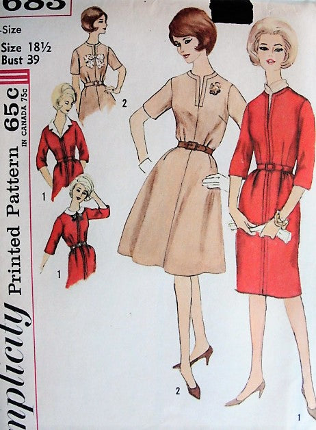 Vintage 1960s SMART Dress with Detachable Collars and Slim or Full Skirt Simplicity 4683 Sewing Pattern Bust 39
