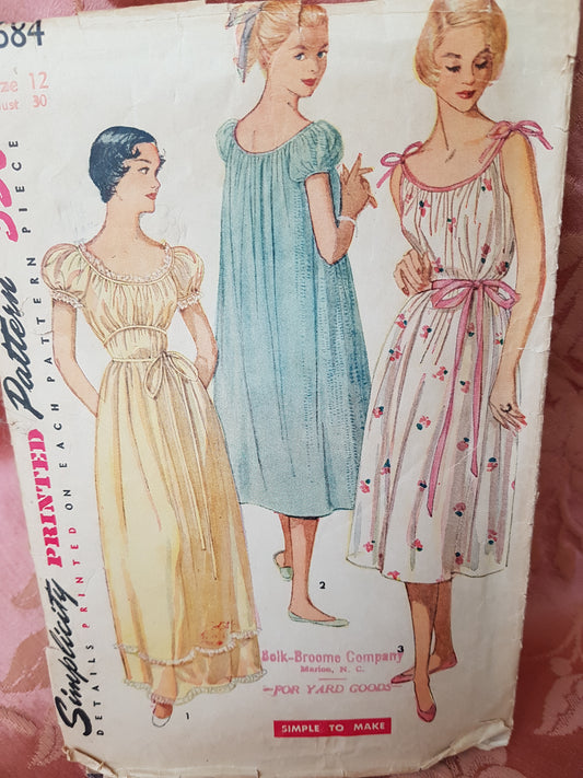 1950s DREAMY Nightgown Lingerie Pattern SIMPLICITY 4684 Three Beautiful Style Versions , Bust 30, Simple To Make Vintage Sewing Pattern