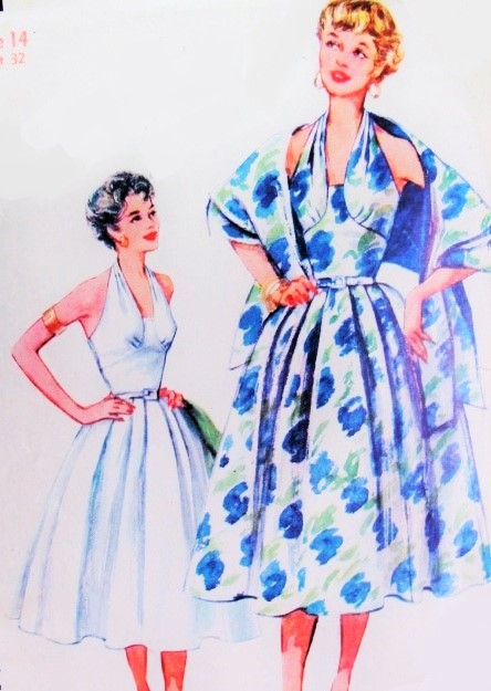 1950s Beautiful MM Style Halter Dress Pattern Simplicity 4711 Rockabilly Party Evening  Dress and stole Shaped Midriff Figure Flattering Style Bust 32 Vintage Sewing Pattern