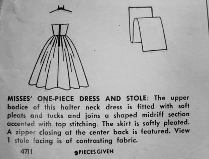 1950s Beautiful MM Style Halter Dress Pattern Simplicity 4711 Rockabilly Party Evening  Dress and stole Shaped Midriff Figure Flattering Style Bust 32 Vintage Sewing Pattern