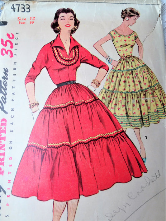 1950s PRETTY Dress Pattern SIMPLICITY 4733 Three Tiered Dress, 2 Bodice Designs, South Western Version, Bust 30 Vintage Sewing Pattern
