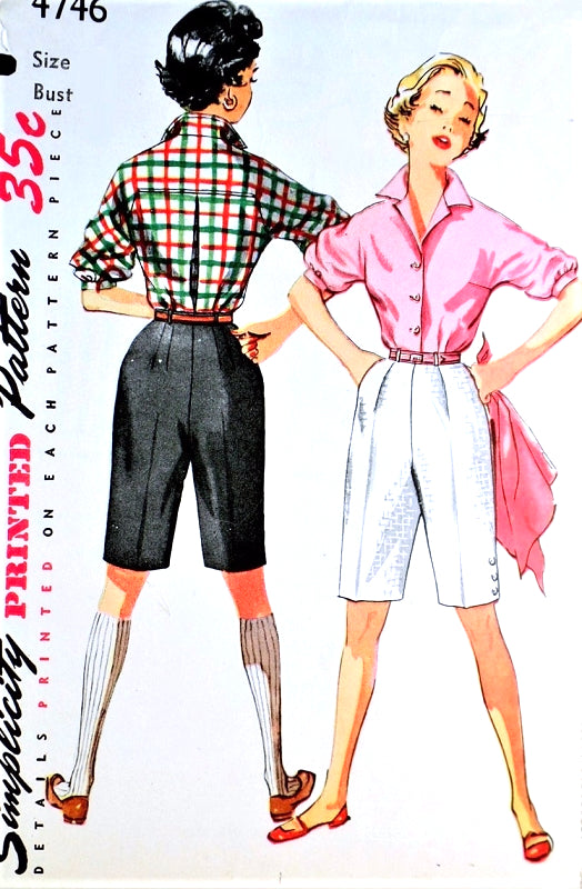 1950s CLASSIC High Waist Bermuda Walking Shorts and Fab Doris Day Style Blouse Pattern SIMPLICITY 4746 Figure Flattering Casual Beach Resort Wear Bust 33 Vintage Sewing Pattern FF