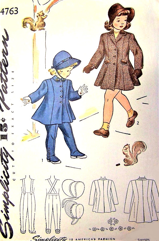 1940s  ADORABLE Little Girls Toddlers  Princess Coat, Leggings and Hat Pattern SIMPLICITY 4763 Childrens Size 3 Very Sweet Vintage Sewing Pattern