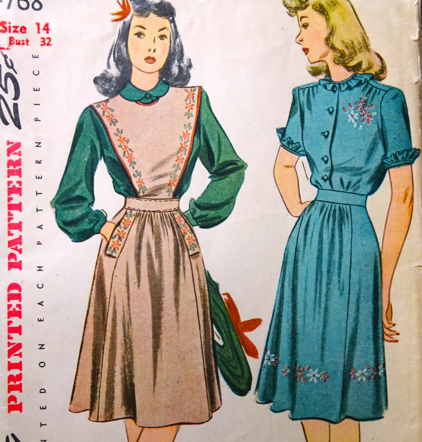 Early 1940s CUTE Blouse, Jumper and Skirt Pattern SIMPLICITY 4768 Lovely Blouse Styles, Includes Embroidery or Felt Applique Transfer, Bust 32 Vintage Sewing Pattern FACTORY FOLDED