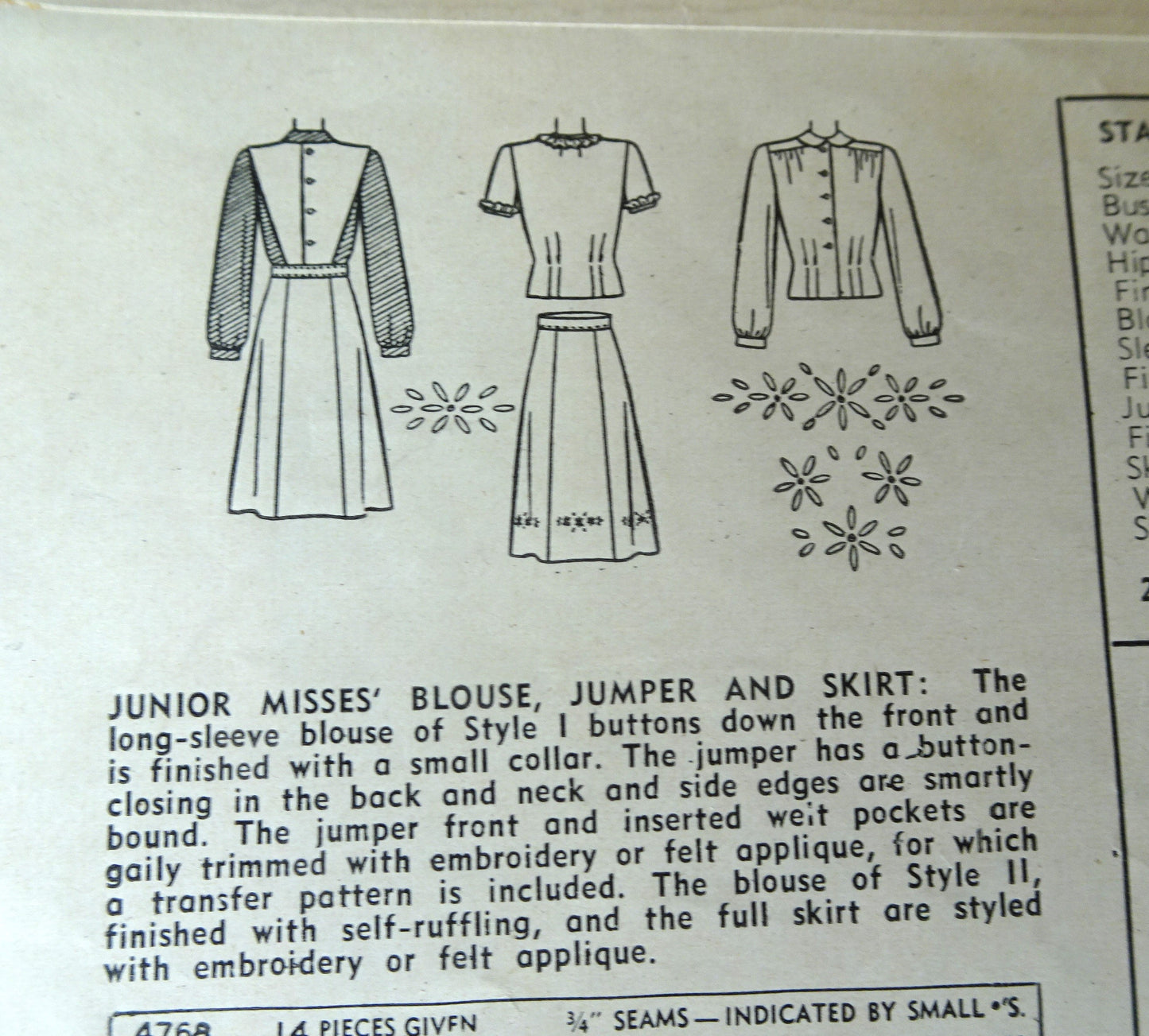Early 1940s CUTE Blouse, Jumper and Skirt Pattern SIMPLICITY 4768 Lovely Blouse Styles, Includes Embroidery or Felt Applique Transfer, Bust 32 Vintage Sewing Pattern FACTORY FOLDED