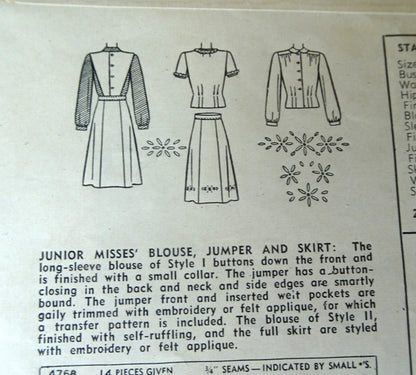 Early 1940s CUTE Blouse, Jumper and Skirt Pattern SIMPLICITY 4768 Lovely Blouse Styles, Includes Embroidery or Felt Applique Transfer, Bust 32 Vintage Sewing Pattern FACTORY FOLDED