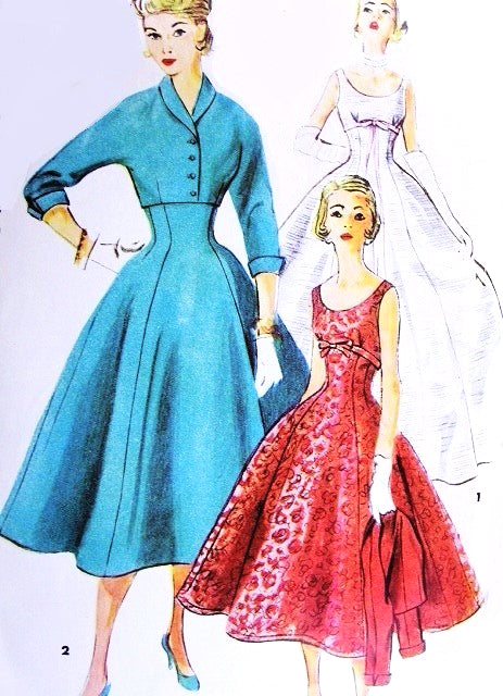 1950s Evening Gown Cocktail Dress Crop Jacket Pattern SIMPLICITY 4782 ROCKABILLY Empire Party Dress Figure Flattering Bust 30 Vintage Sewing Pattern