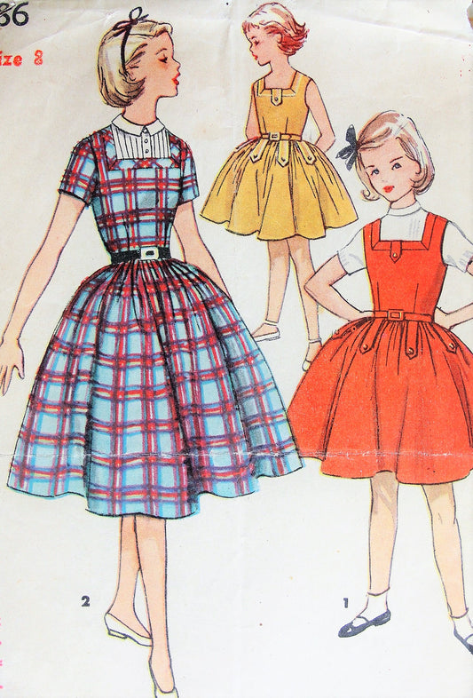 1950s PRETTY Girls Dress and Jumper Pattern SIMPLICITY 4786 Button Tab Details Full Skirt Dress or Jumper Size 8 Vintage Childrens Sewing Pattern