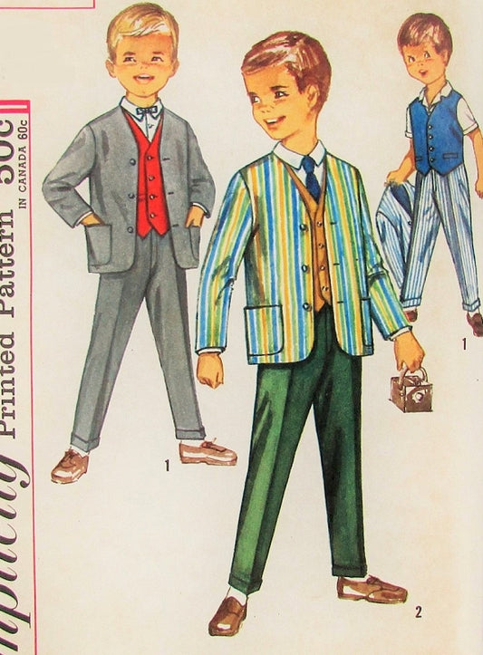 1960s CUTE Little Boys Eaton Style Suit Pattern SIMPLICITY 4836 Jacket, Vest and Trouser Pants Childrens Size 4 Vintage Sewing Pattern