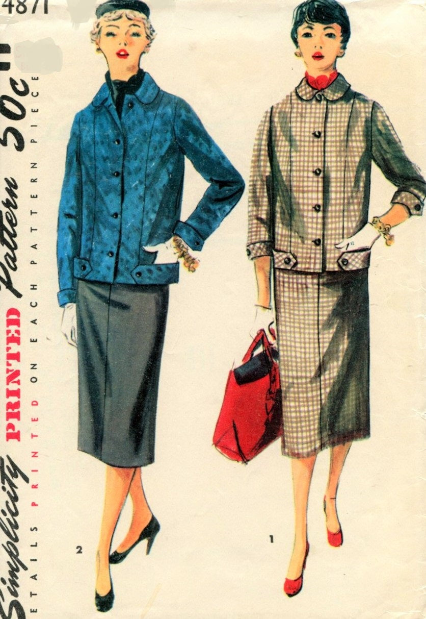 1950s STYLISH Suit Pattern SIMPLICITY 4871 Boxy Jacket and Slim Skirt Suit Bust 34 Vintage Sewing Pattern