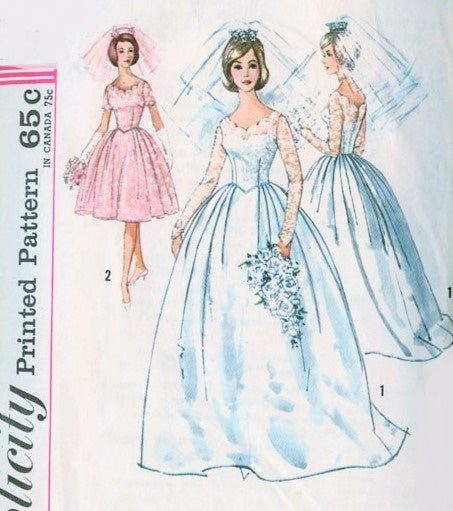 1960s BEAUTIFUL Wedding Gown in 2 Lengths or Bridesmaid Dress Pattern SIMPLICITY 4893 Figure Flattering Designs Bust 32 Vintage Sewing Pattern