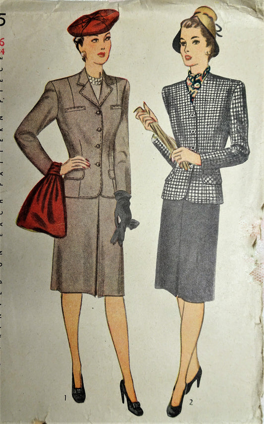 1940s SLEEK Stylish Suit Pattern SIMPLICITY 4915 Beautifully Fitted Jacket Slim Skirt WW II Era Suit Bust 34 Vintage Sewing Pattern Factory Folded
