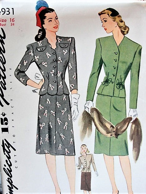 Vintage 1940s LOVELY Two Piece Dress in Two Styles with Bow Details Simplicity 4931 Sewing Pattern Bust 34