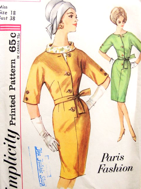 CHIC Paris Designed Early 60s Dress Pattern SIMPLICITY 4933,Paris Fashion Slim Dress and Dickey  Bust 34 Vintage Sewing Pattern FACTORY FOLDED