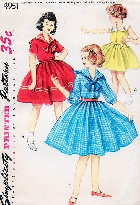 1950s Pretty Girls Sailor Nautical Dress Pattern Simplicity 4951 Full Skirt Girls Cute Dress Kawaii Sz 8 or 12 Vintage Sewing Pattern FACTORY FOLDED