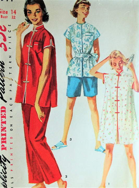 1950s CUTE Asian Design Pajamas and Robe Pattern SIMPLICITY 4971 Simple to Make, Bust 32 Vintage Sewing Pattern FF