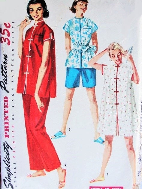 1950s CUTE  Pajamas with Short and Long Pants and Sleep Coat Pattern SIMPLICITY 4971 Mandarin  Style Pajamas, Bust 32  Simple To Make Vintage Sewing Pattern