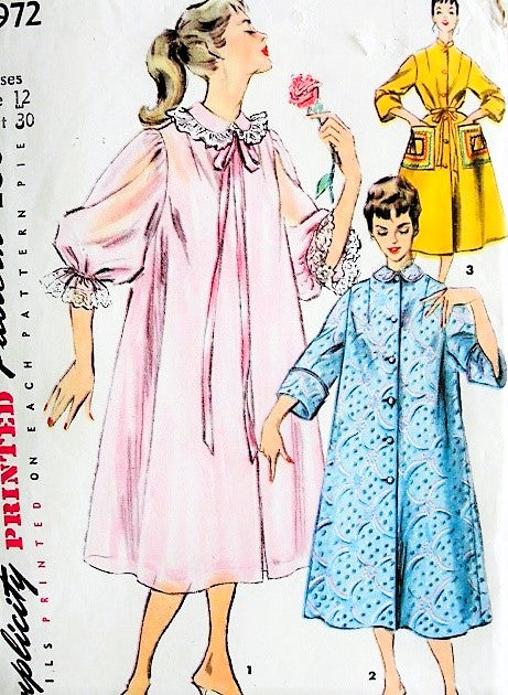 1950s PRETTY Negligee Housecoat Robe Pattern SIMPLICITY 4972 Three Lovely Styles, Bust 30 Vintage Sewing Patterns