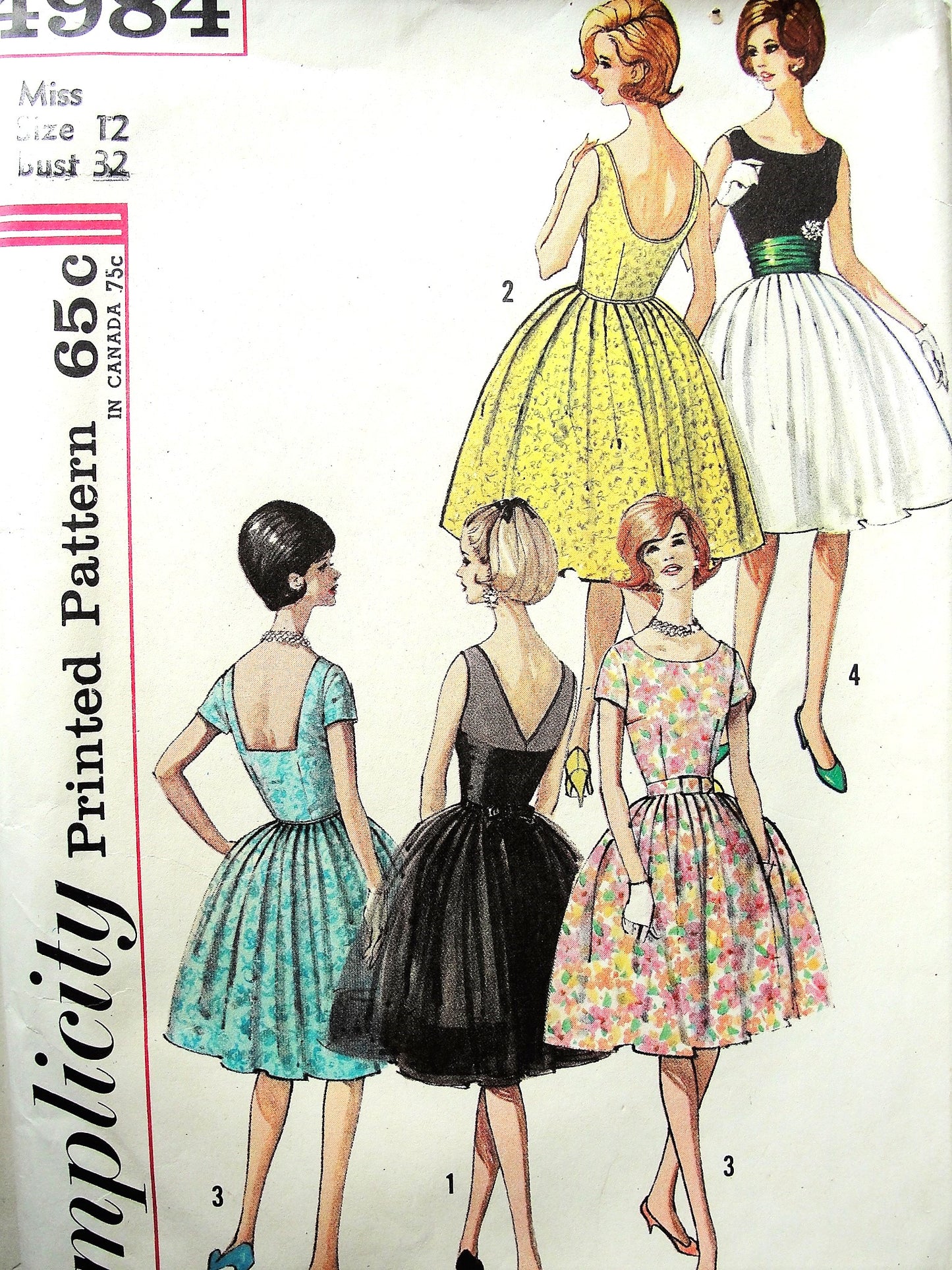1960s LOVELY Party Cocktail Evening Dress Pattern SIMPLICITY 4984 Dress with 3 Backs and Cummerbund Bust 32 Vintage Sewing Pattern