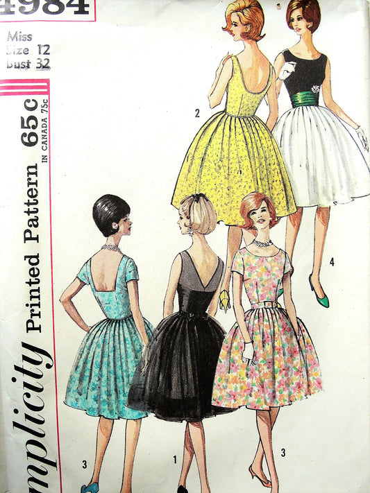 1960s LOVELY Party Cocktail Evening Dress Pattern SIMPLICITY 4984 Dress with 3 Backs and Cummerbund Bust 32 Vintage Sewing Pattern