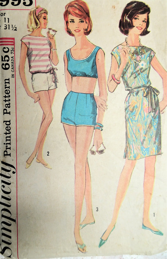 1960s CLASSIC Beach Wear Pattern SIMPLICITY 4995 Bra Top,High Waist Boy Shorts or 2 Pc  SwimSuit and Beach Dress or Overblouse CoverUp Bust 33 Vintage Sewing Pattern