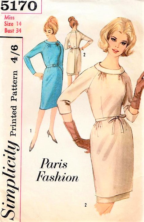 1960s CLASSY Day or After 5 Dress Pattern SIMPLICITY 5170  PARIS FASHION Sheath Dress, Lovely Neckline, Separate Shaped Tunic Apron Bust 34 Vintage Sewing Pattern FACTORY FOLDED