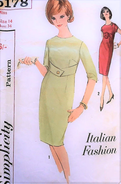 1960s CLASSY Slim Dress Pattern SIMPLICITY 5178 ITALIAN Fashion Daytime or Cocktail Party Dress Bust 30 Vintage Sewing Pattern