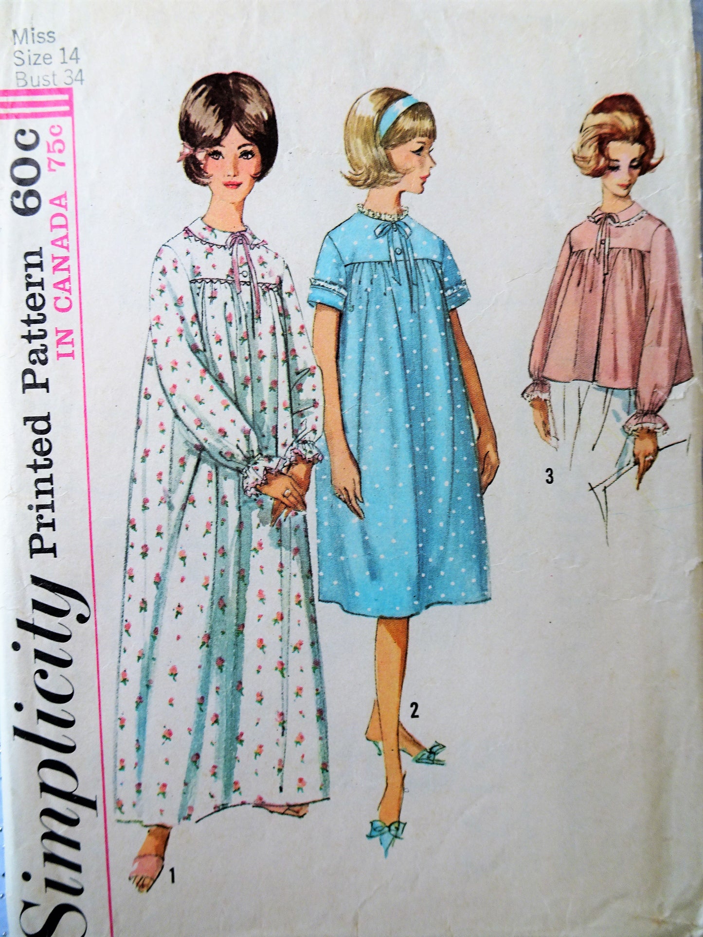 1960s CUTE Nightgown and Bed Jacket Pattern SIMPLICITY 5193 Sweet Nightgown in 2 lengths, Pretty Bedjacket, Bust 34 Vintage Sewing Pattern
