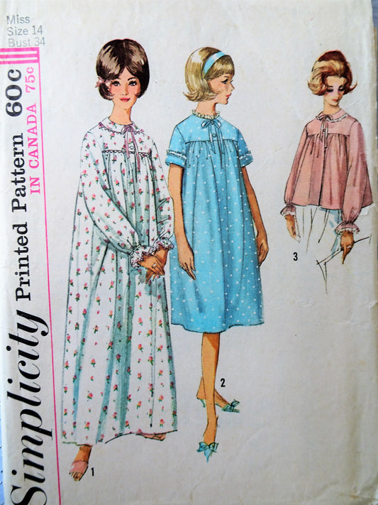 1960s CUTE Nightgown and Bed Jacket Pattern SIMPLICITY 5193 Sweet Nightgown in 2 lengths, Pretty Bedjacket, Bust 34 Vintage Sewing Pattern