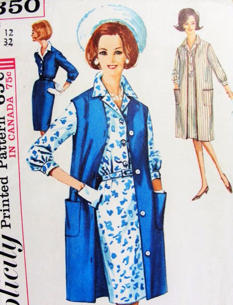 1960s Dress and Coat Pattern SIMPLICITY 5350 Slim Dress with Detachable Collar Sleeveless Unlined Coat Bust 32 Vintage Sewing Pattern FACTORY FOLDED