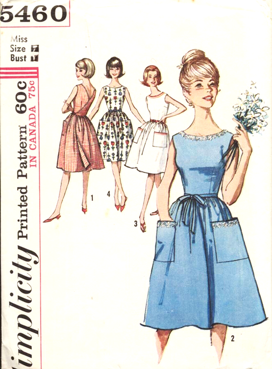 1960s CUTE Back Wrap Dress Pattern SIMPLICITY 5460 Sleeveless Low Round Neck Big Patch Pockets Bust 32 Vintage Sewing Patterns