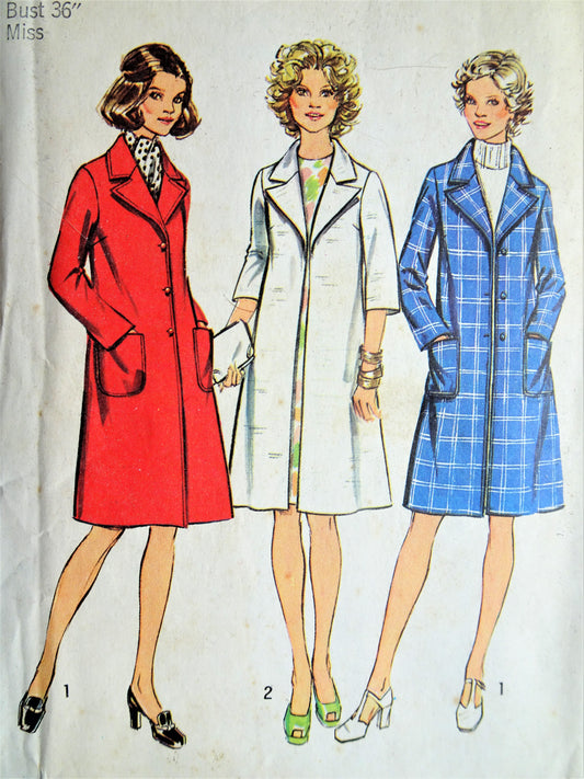 1970s CLASSY Coat Pattern SIMPLICITY 5526 Three Style Versions, Look Slimmer Style, Bust 34 Vintage Sewing Pattern