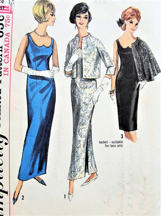 1960s ELEGANT Evening Gown or Cocktail Party Dress and Jacket Pattern SIMPLICITY 5703 Sheath Dress With Shaped Neckline,Mandarin Collar Jacket Bust 32 Vintage Sewing Pattern