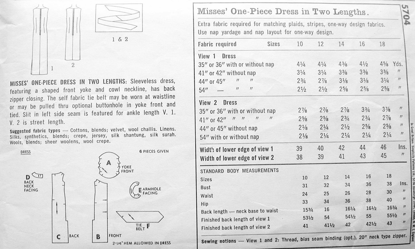 1960s LOVELY Evening Cocktail Dress Pattern SIMPLICITY 5704 Two Lengths, Cowl Neckline Classy Sixties Style Bust 34 Vintage Sewing Pattern UNCUT