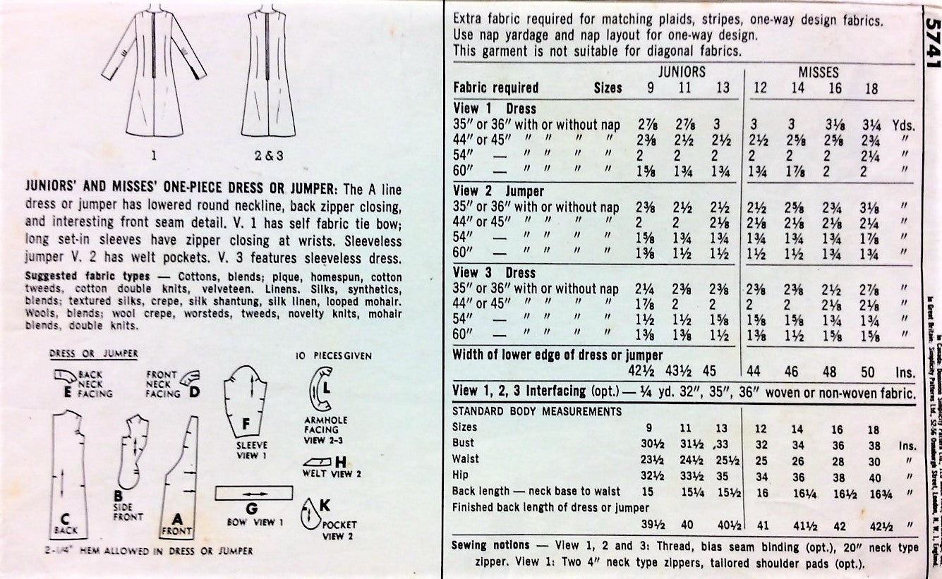 1960s MOD A Line Dress or Jumper Dress Pattern SIMPLICITY 5741 Three Cute Styles Bust 30 Vintage Sewing pattern UNCUT