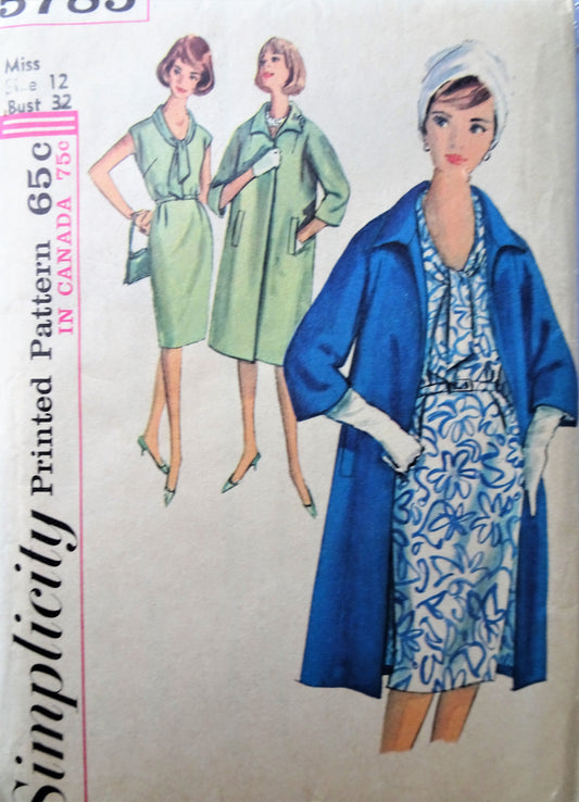 1960s CLASSY Slim Dress and Coat Pattern SIMPLICITY 5785 Daytime or After 5, Bust 32 Vintage Sewing Pattern FACTORY FOLDED