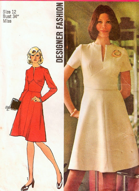 1970s DESIGNER Midriff Dress Pattern SIMPLICITY 5789 Slit Neckline Flattering Flared Skirt Shaped Midriff Daytime or Evening Retro Dress Bust 38 Vintage Sewing Pattern FF
