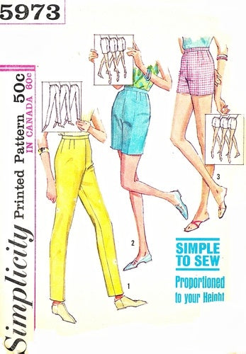 1960s FAB High Waist Proportioned Shorts, Jamaica Shorts, Slacks Slim Pants Pattern SIMPLICITY 5973  Waist 28 Vintage Sewing Pattern UNCUT