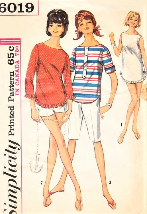 1960s CUTE Beachwear Pattern SIMPLICITY 6019 High Waist Walking Shorts or Short Shorts, Over Blouse Top and Beach Cover Up Bust 36 Vintage Sewing Pattern