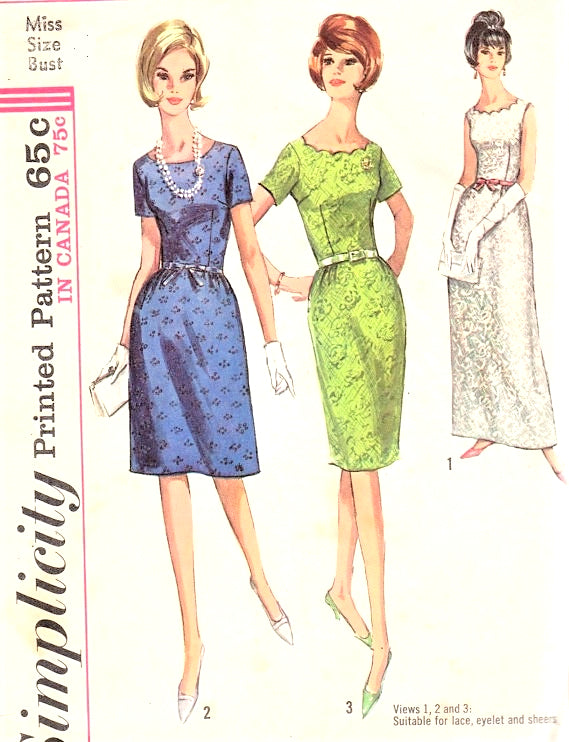 1960s CLASSY Evening Gown Cocktail Party Dress Pattern SIMPLICITY 6028 Three Style Versions,Perfect For Lace, Eyelet, Sheer Fabrics Bust 36 Vintage Sewing Pattern FACTORY FOLDED