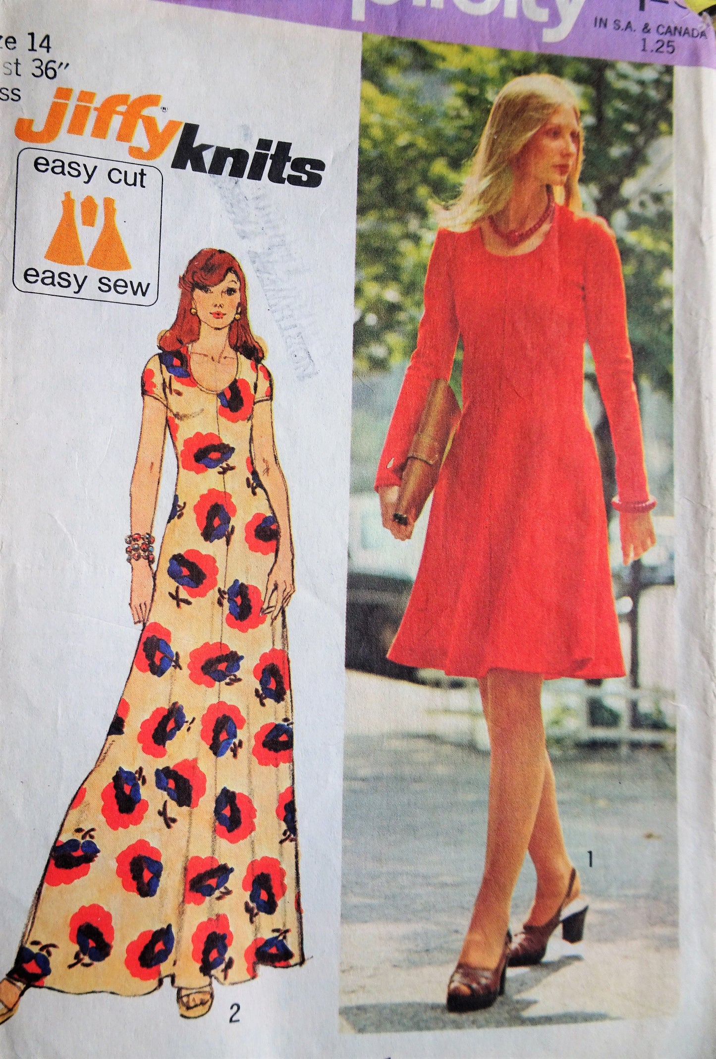 1970s FLATTERING Dress Pattern SIMPLICITY 6082  Easy To Make Jiffy Knits, Regular or Maxi Dress, Bust 36 Vintage Sewing Pattern