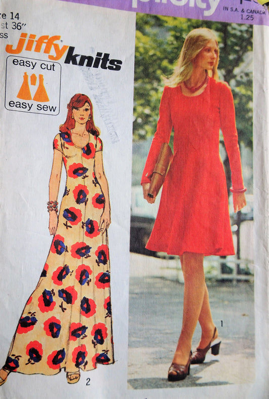 1970s FLATTERING Dress Pattern SIMPLICITY 6082  Easy To Make Jiffy Knits, Regular or Maxi Dress, Bust 36 Vintage Sewing Pattern