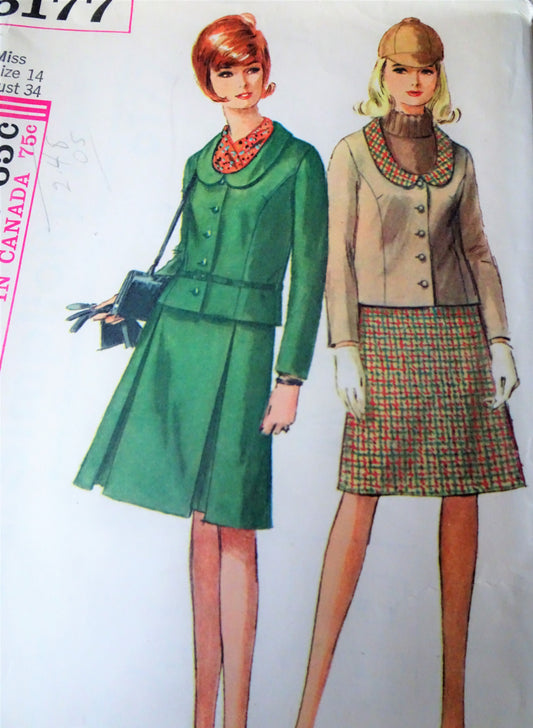 1960s MOD Suit Pattern SIMPLICITY 6177 Lined Jacket with 2 Skirts Suit, Bust 34 Vintage Sewing Pattern